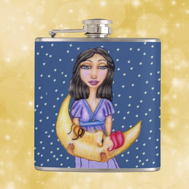 Petaca Mujer Luna Creciente Durmiente Fantasía (Lady in purple nightgown holding sleeping crescent moon with face stars on blue drinking flask.)
