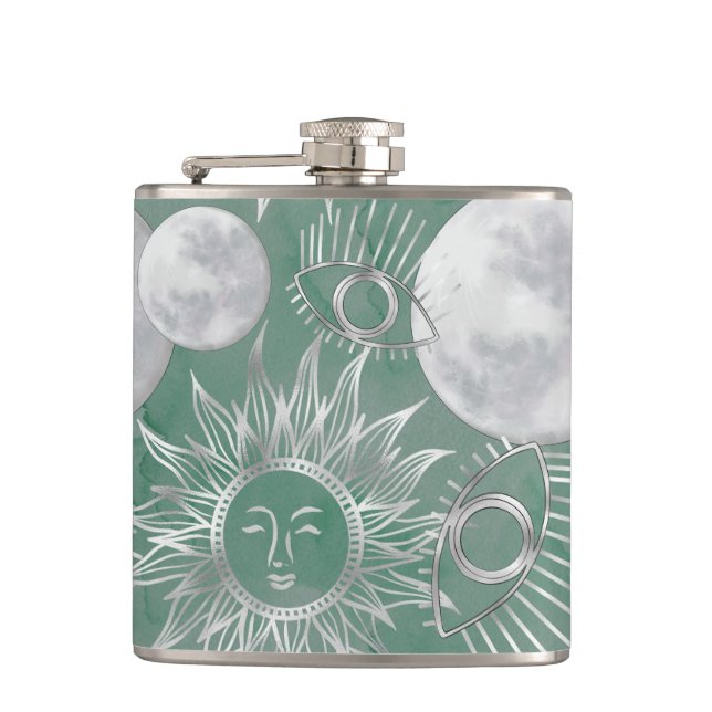 Petaca Mystique solar | Duste Green Silver Moon Stars Sun (Anverso)