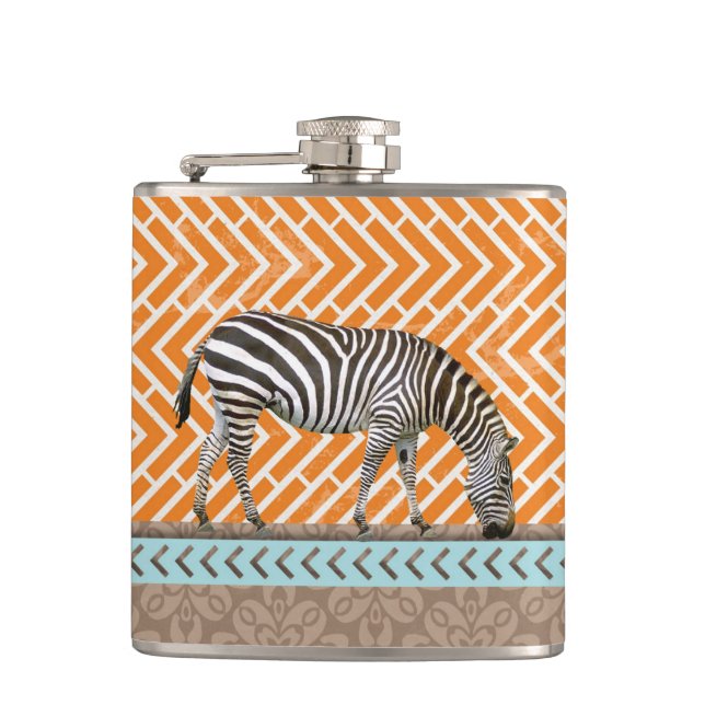 Petaca Naranja de cebra Chevrons Tan Blue Hip Flask (Anverso)