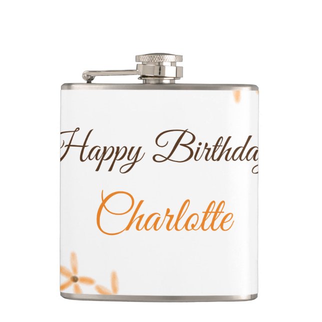 Petaca Naranja flor marrón feliz cumpleaños agregar nombr (Anverso)