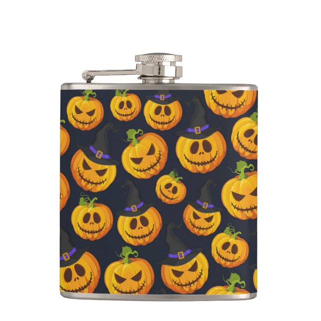 Petaca Naranja HALLOWEEN PUMPKINS & WITCHES GORRAS (Anverso)