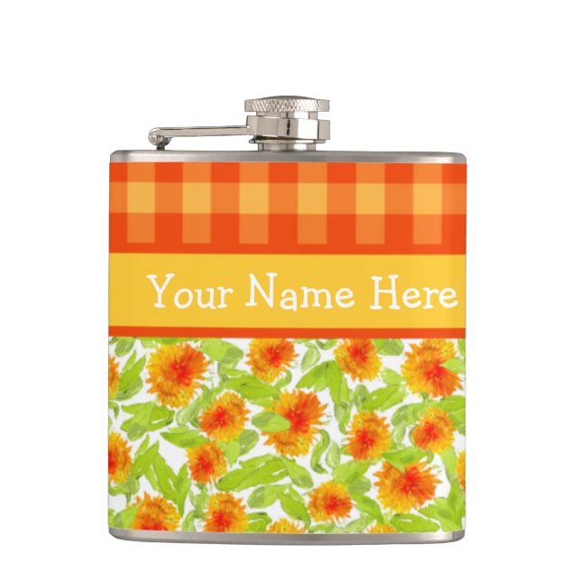 Petaca Naranja Marigolds y Check Gingham Hip Flask (Anverso)