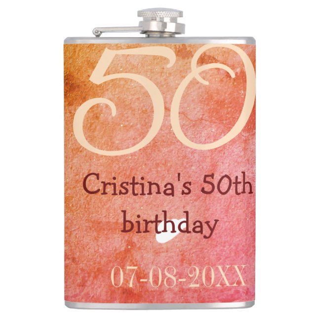 Petaca Naranja rojo 50 cumpleaños fecha de añadir nombre  (Anverso)
