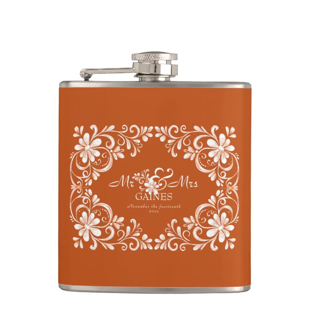 Petaca Naranja Romántico Burnt Mr & Mrs Boda Flask (Anverso)