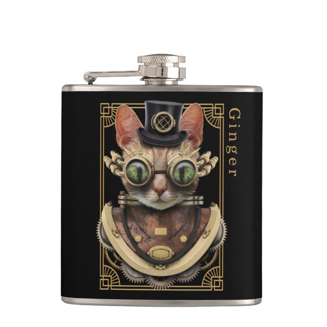 Petaca Naranja Steampunk de Guay Tabby Cat con nombre (Anverso)