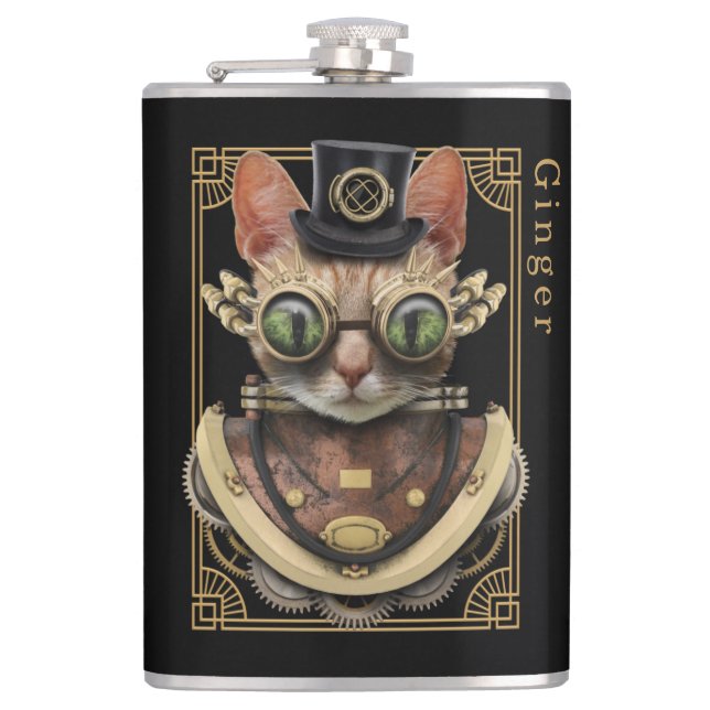 Petaca Naranja Steampunk de Guay Tabby Cat con nombre (Anverso)