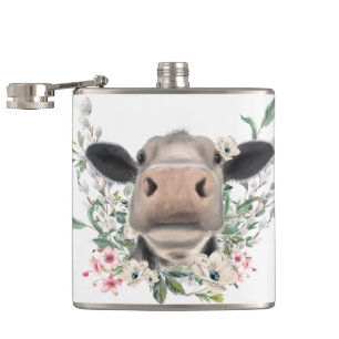 Petaca nariz de vaca besa flores acuarela gris animal de 