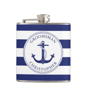 Petaca Nautical Anchor Navy Blue Stripe Groomsman