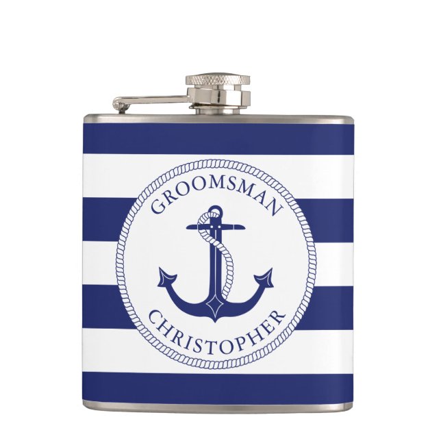 Petaca Nautical Anchor Navy Blue Stripe Groomsman (Anverso)
