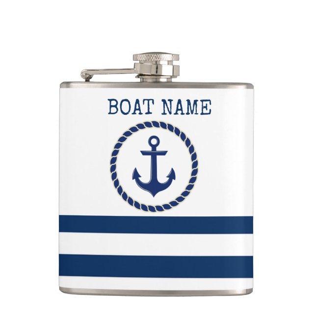 Petaca Nautical Boat Name,Anchor Naval Blue Stried (Anverso)