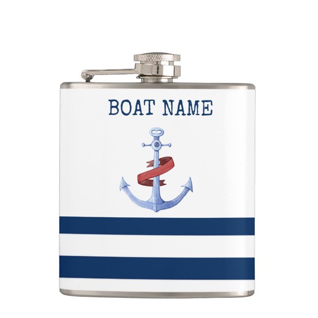 Petaca Nautical Boat Name,Blue Anchor Nave Strip (Anverso)