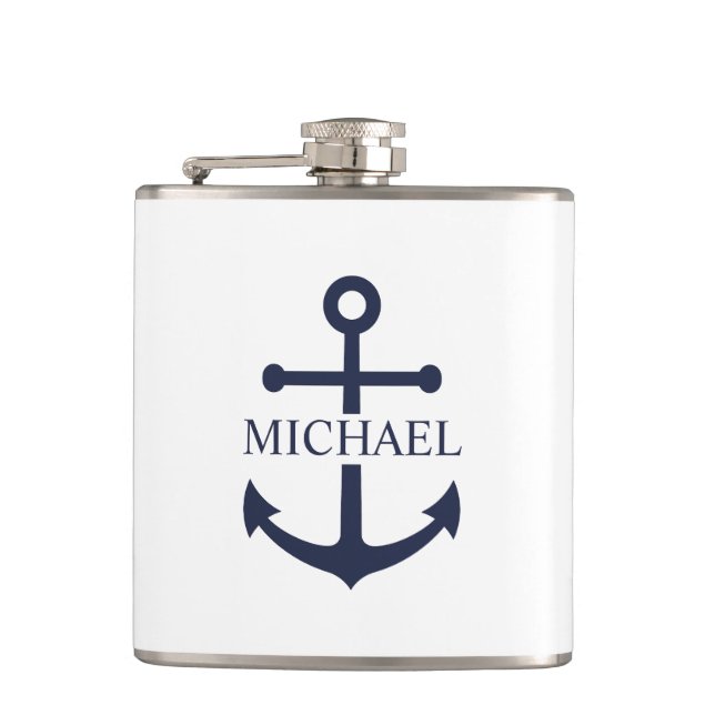 Petaca Nautical Navy Blue Anchor Nombre Personalizado (Anverso)
