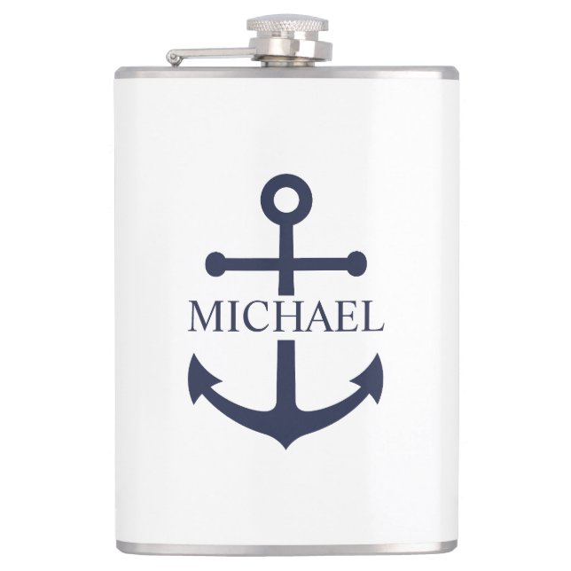 Petaca Nautical Navy Blue Anchor Nombre Personalizado (Anverso)