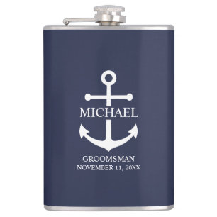 Petaca Nautical Navy Blue Anchor Personalizado Groomsmen