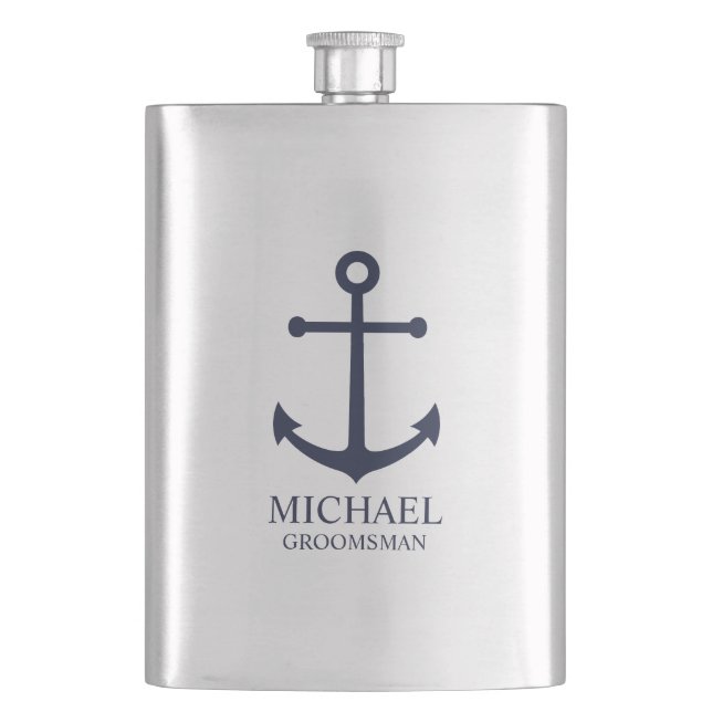 Petaca Nautical Navy Blue Anchor Personalizado Groomsmen (Anverso)