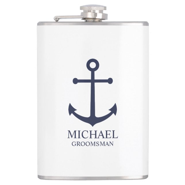 Petaca Nautical Navy Blue Anchor Personalizado Groomsmen (Anverso)