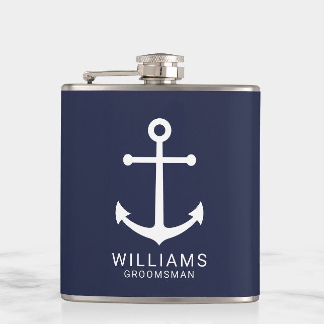 Petaca Nautical Navy Blue Anchor Personalizado Groomsmen (Subido por el creador)