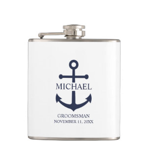 Petaca Nautical Navy Blue Anchor Personalizado Groomsmen