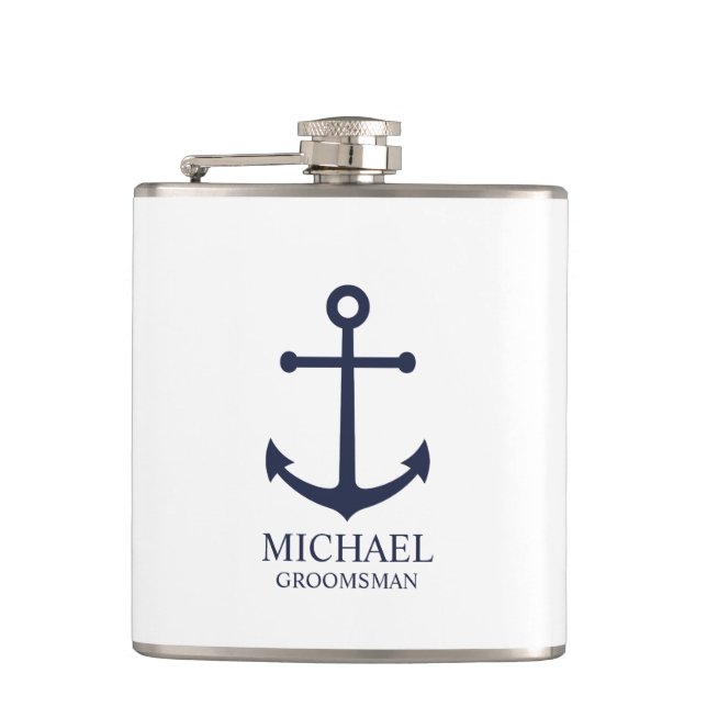 Petaca Nautical Navy Blue Anchor Personalized Groomsmen (Anverso)