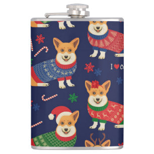 Petaca Navidades Corgis: Ilustracion festivo vintage.