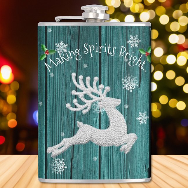 Petaca Navidades Rústicos verde azulados: matraz de reno (Teal Rustic Christmas Reindeer Flask)