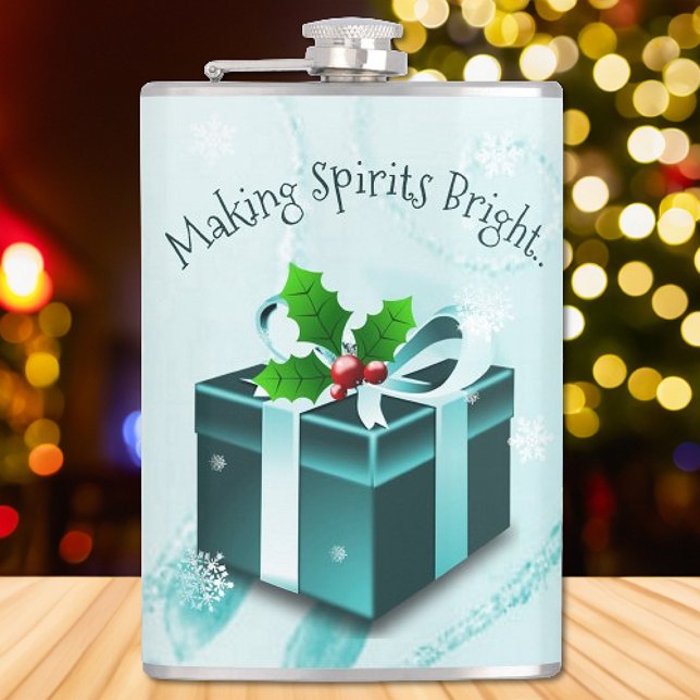 Petaca Navidades verde azulados con máscara de regalo (Teal Christmas Gift Flask)