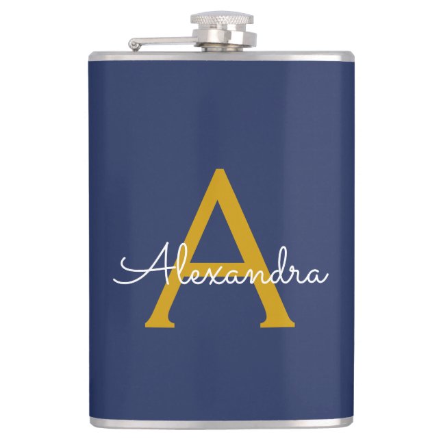 Petaca Navy Blue Gold Modern Script Girly Monograma Nombr (Anverso)