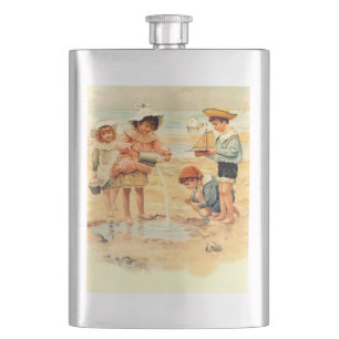 Petaca Niños Victorianos Antiguos en la Playa Arte Fino