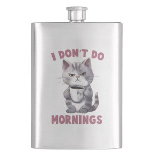 Petaca No hago mañanas - Gato gris con café