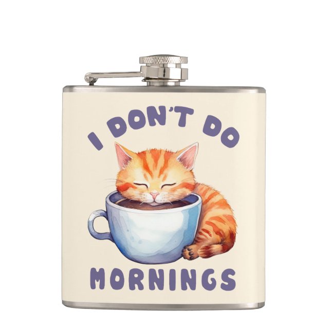 Petaca No hago mañanas - un gato Naranja con café. (Anverso)