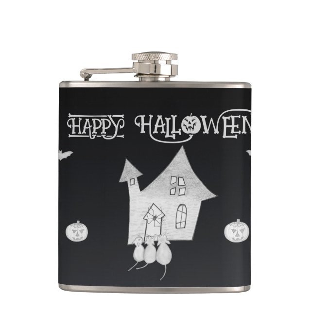 Petaca Noche de Halloween con casa embrujada, murciélagos (Anverso)