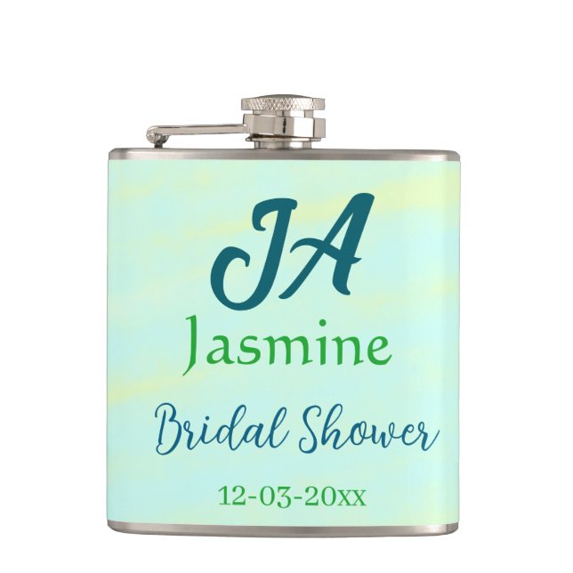 Petaca nombre de baby shower de azul verde pastel acuarel (Anverso)