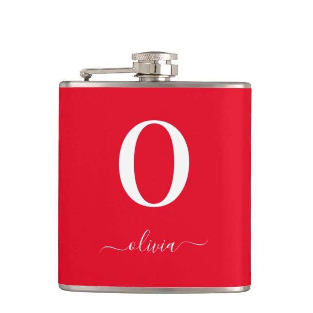 Petaca Nombre De Guión Monograma Personalizado Rojo Y Bla (Anverso)