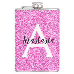 Petaca Nombre de monograma con brillo rosa caliente Glam 