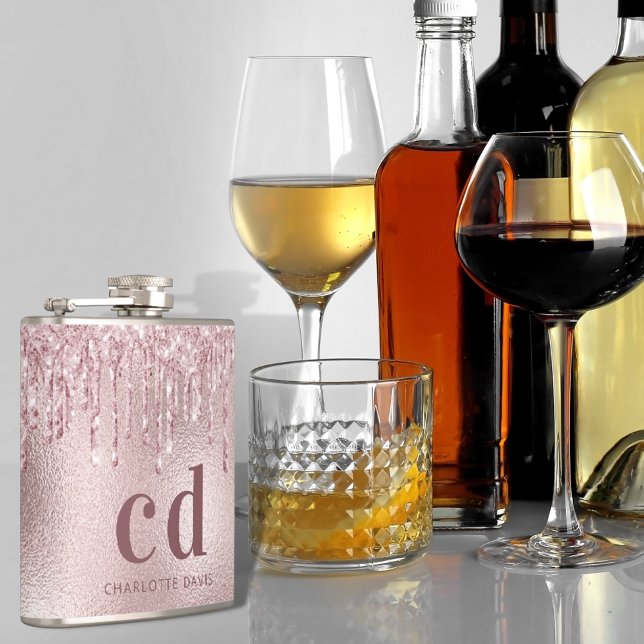 Petaca Nombre de monograma con gotas de purpurina rosa ru (Subido por el creador)