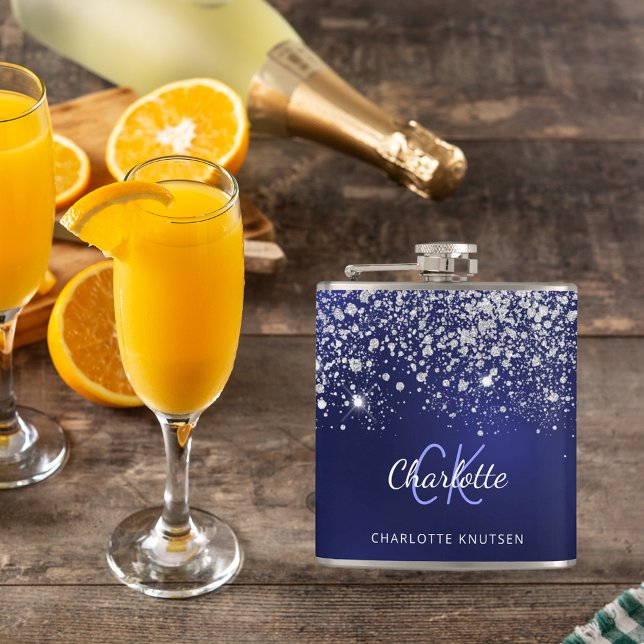 Petaca Nombre de monograma de plata azul con brillo y des (Subido por el creador)