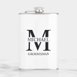 Petaca Nombre del Groomsman personalizado clásico<br><div class="desc">Regalos clásicos personalizados de Groomsman con un monograma y un nombre personalizados del groomsman,  con el título en negro clásico estilo de letra serif sobre fondo blanco. También perfecto para el Mejor Hombre,  Padre de la Novia y más.</div>