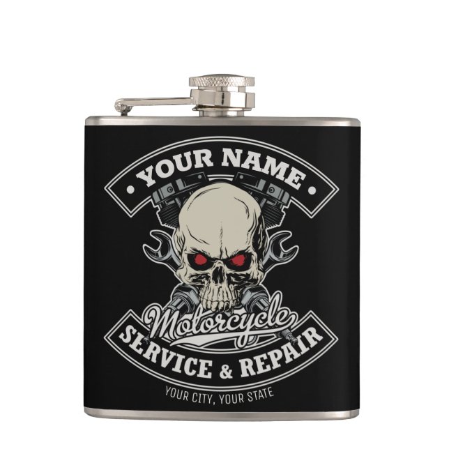 Petaca NOMBRE Personalizado Biker Mechanic Skull Motorcyc (Anverso)