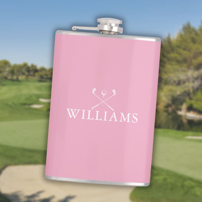 Petaca Nombre personalizado Clubes de golf rosa femenino (Custom Name Feminine Pink Golf Clubs Flask)