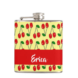 Petaca Nombre personalizado de cerezas rojas en amarillo