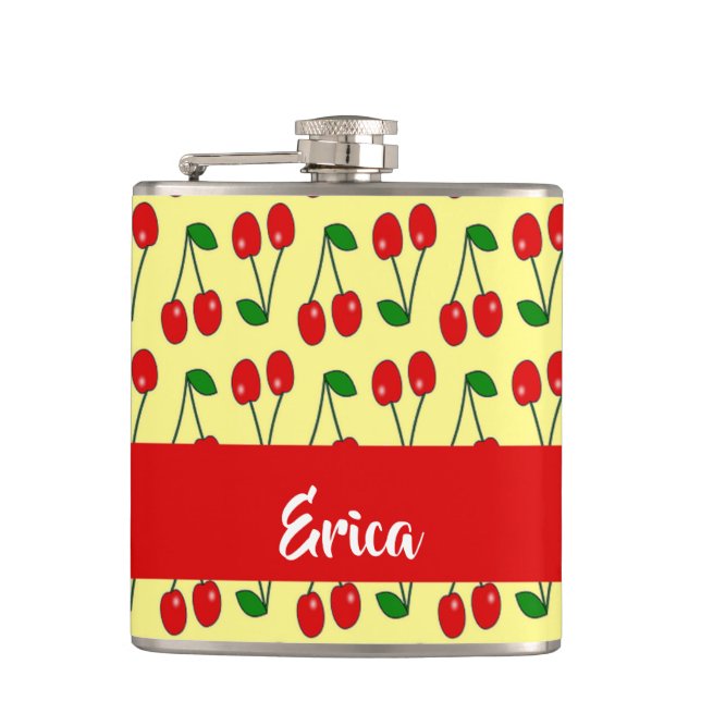 Petaca Nombre personalizado de cerezas rojas en amarillo (Anverso)