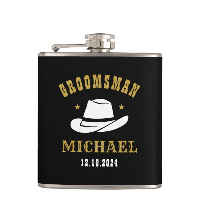 Petaca Nombre personalizado de Groomsmen, Gorra de Cowboy (Anverso)