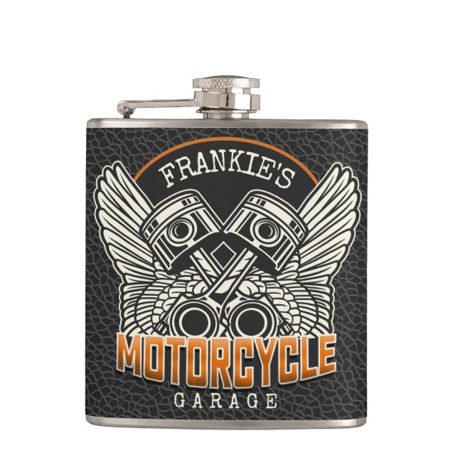 Petaca NOMBRE personalizado Pistons Wings Motorcycle Bike (Anverso)