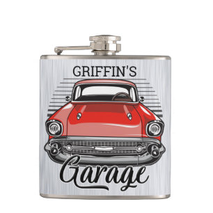 Petaca NOMBRE personalizado Retro Red Classic Car Garage