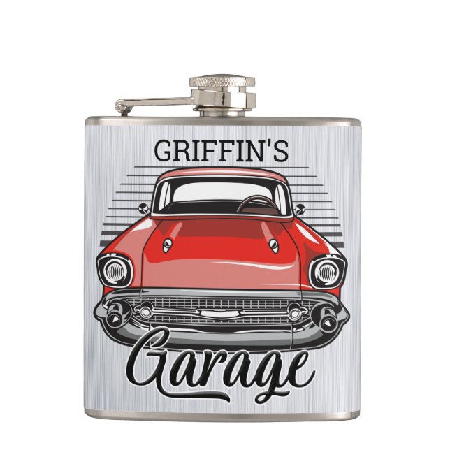 Petaca NOMBRE personalizado Retro Red Classic Car Garage (Anverso)