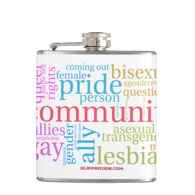 Petaca nube de palabras de la comunidad LGBTQ+ arcoíris d (Anverso)