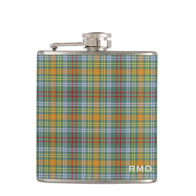 Petaca O'Brien Tartan Monograma Placa verde y Naranja (Anverso)