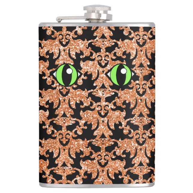 Petaca Ojos de gato, Naranja Damask Vinyl Envuelto (Anverso)