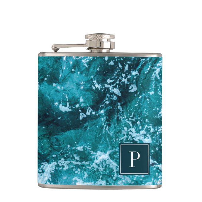 Petaca Olas de mar turquesa con monograma personalizado (Anverso)