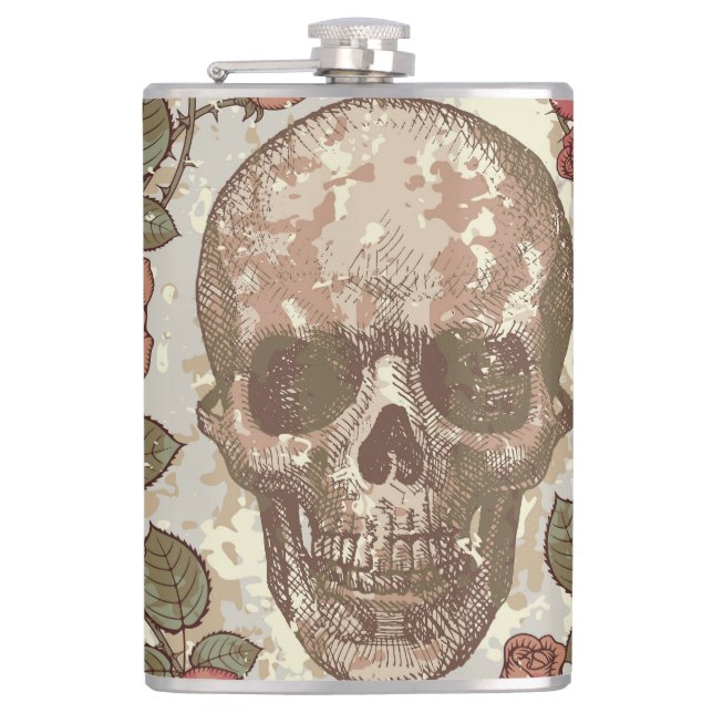 Petaca Ornamento retro de cráneos y Rosas (Anverso)